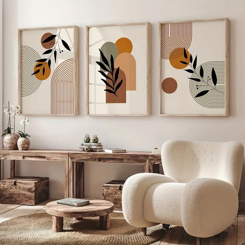 Abstract Canvas Set - 3 ชิ้นโปสเตอร์นามธรรมรูปทรงเรขาคณิตสไตล์โบฮีเมียน, ภาพวาดบนผ้าใบศิลปะย้อนยุค, ตกแต่งบ้านสมัยใหม่