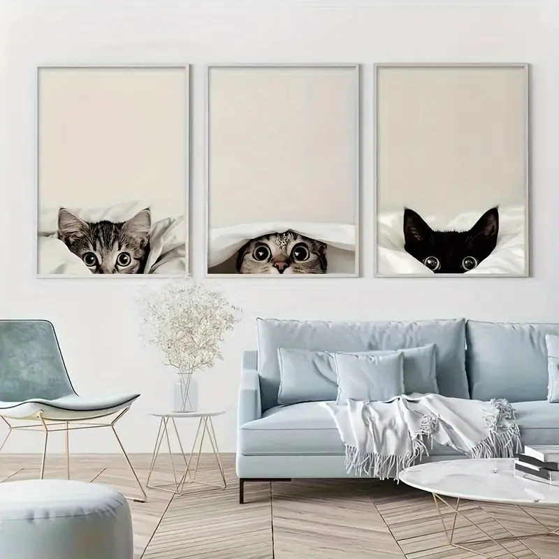 Abstract Canvas Set - ชุดภาพพิมพ์บนผ้าใบ 3 ชิ้น ลายแมวแอบมองใต้ผ้าห่ม ภาพแมวสีดำและลายเสือสุดฮา สำหรับคนรักแมว